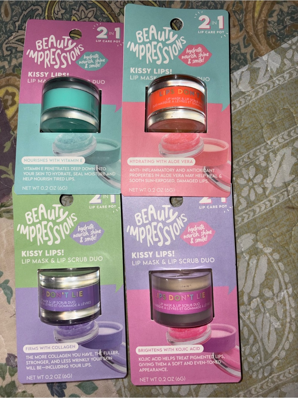 Impressions Kissy Lips Lip Mask & Scrub Duo — Teal, Coral, Purple, Pink